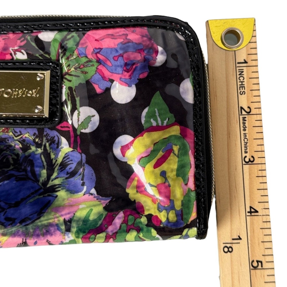 Betsey Johnson Zip Around Accordion Wallet Black Floral Polka Dot Kitschy Vinyl - Picture 12 of 12